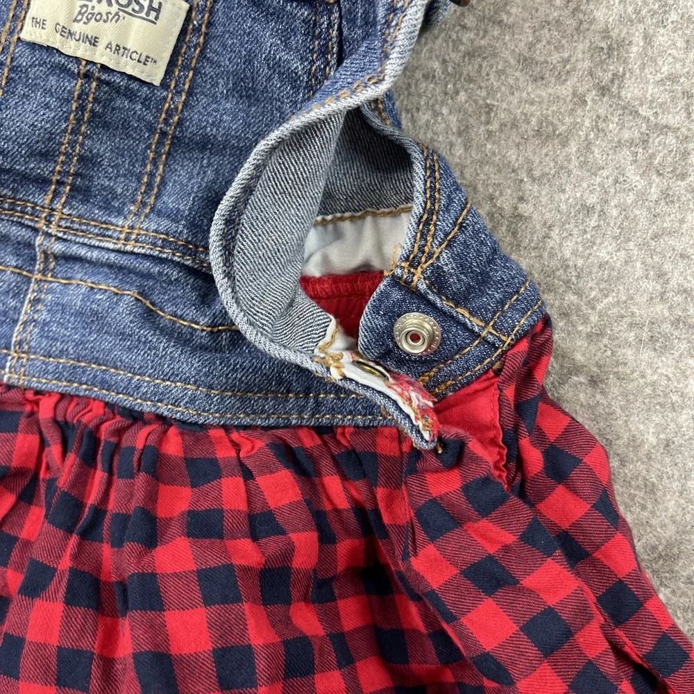 VTG Oshkosh Bgosh Overall Jumper Dress Toddler 3T Denim Buffalo Plaid Ruffle Y2K